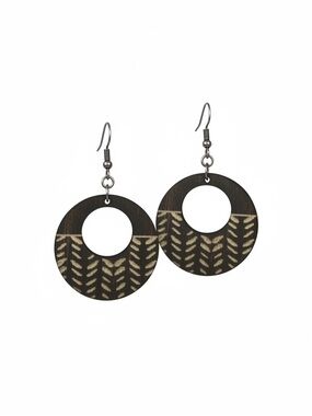 Wooden Black and Cream Hoop Drop Earrings